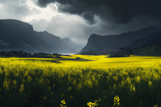 Bright yellow rapeseed field on dark sinister mountain background. AI generated image
