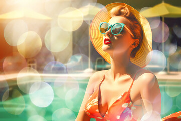 pretty woman in sunglasses on a hot day by the pool with lens flare water splash