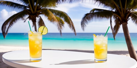 A yellow cocktail in a glass on a white table against the background of a sea beach on a bright sunny day under palm trees. Generative AI.