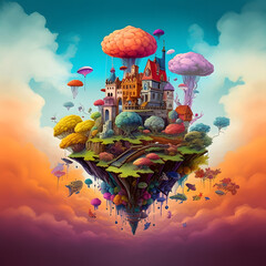 Surreal dreamscape with floating islands, rainbow-colored skies, and unusual creatures	
