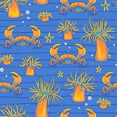 Fototapeta na wymiar Childish summer marine seamless pattern with crabs and coral reefs Cute handmade drawing drawn with colored pencils for printing on the fabric of children's clothing Underwater world background