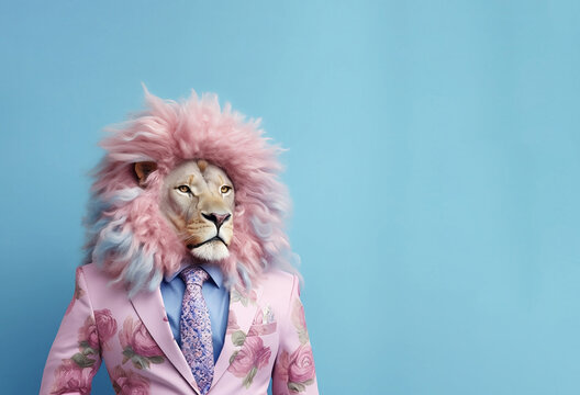 A pastel animal king in a flower summer suit and tie is standing in front of a blue background. Summer fashion concept