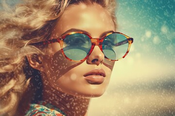 A chic woman on the beach showcases her 60s-inspired fashion sense with retro sunglasses and a trendy collage aesthetic