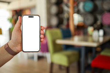 The girl holds a phone in her hands with a blank isolated screen on the background of food in a restaurant. Place for your menu or review
