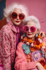 Two older women dressed in pink and wearing sunglasses. In the style of vibrant and textured. Candid moments captured