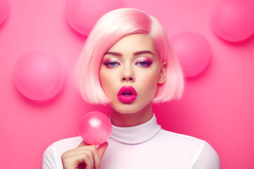 Emotion pink wig woman. Wide open mouth. Pink lips makeup