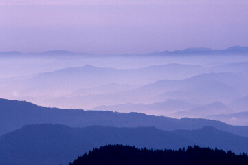 Predawn fog in valleys Blue Ridge Mountains western North Carolina