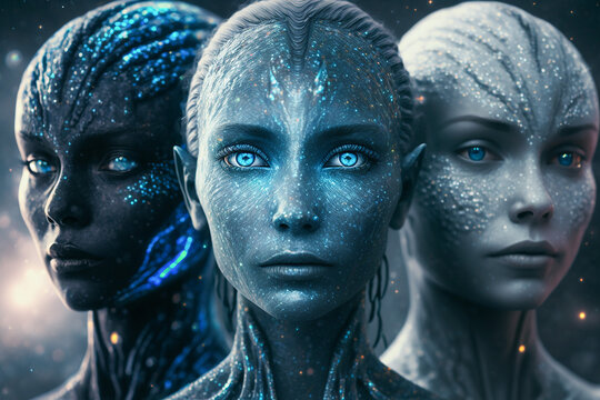 Starseed people as human aliens from other galaxies, fictitious person. AI generated image