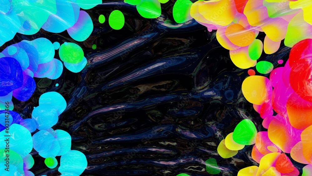 Poster abstract background of shiny glossy surface like wavy transparent liquid with rainbow color circles 