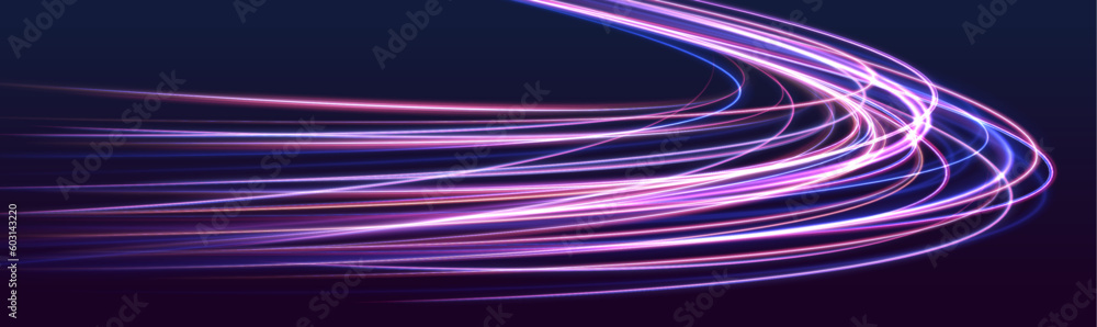 Poster Abstract green blue wave light effect in perspective vector illustration. Magic luminous azure glow design element on dark background	