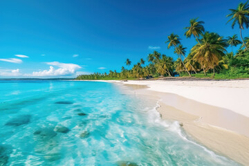 Naklejka na ściany i meble Sea beach with blue water, white sand, palm trees and sky, generative AI