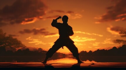 Fototapeta na wymiar Karate silhouette at sunset. Generative AI