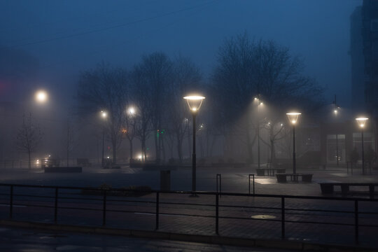 night city in fog