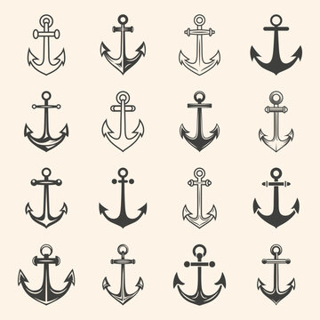 Vector Anchors. Anchor Silhouette Icon Set. Black and White Anchor with Outline. Anchor Design Template Collection. Vector Illustrtion