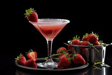 Generative AI. Cold summer strawberry cocktail mojito, margarita, daiquiri. Two glasses with fresh strawberry soda drink with ice cubes and mint leaves on dark background. Iced strawberry lemonade, 