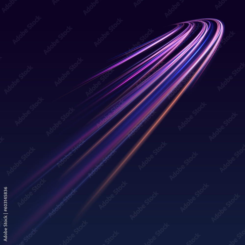 Poster Abstract long exposure dynamic speed light trails background. Generative ai. Abstract neon motion glowing wavy lines. Futuristic technology concept. Vector illustration	
