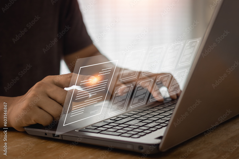 Poster document management concept with icons on virtual screen, erp. businessman reviews the steps using a