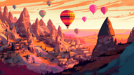 Illustration of beautiful view of unusual rocky landscape in Cappadocia, Turkey