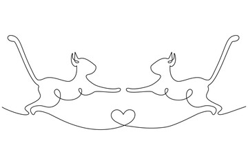 Abstract image of 2 cats jumping towards each other with heart drawn by one continuous line. Cat day