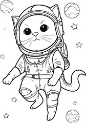 A cat astronaut is flying in space and has a black-and-white background.
