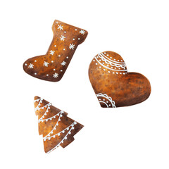 Watercolor Christmas crispy gingerbread cookies with icing. New year hand painting isolated on white background. For designers, food decoration, menu, shop, for postcards, wrap