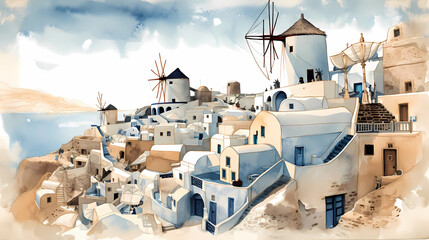 Fototapeta premium Illustration of beautiful view of Santorini, Greece