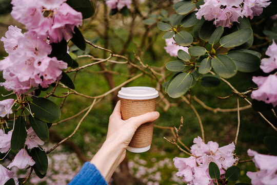 Cup of coffee in hand among flowers