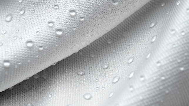 close-up abstract texture of smooth white fabric, perfect for creative advertising projects. Water-repellent fabric with water droplets on the surface. Wide web banner. Copy space. Generative AI