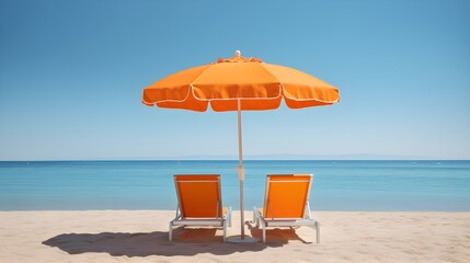 Beautiful beach scene with sun baked sand, bold colored chairs and sun umbrella, travel tourism  beautiful beach landscape