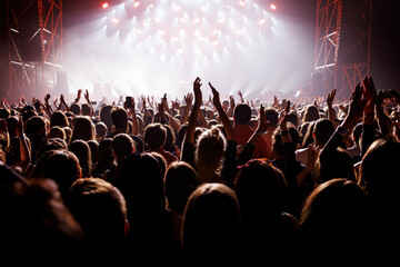 Fototapeta na wymiar Happy people with raised hands at a music concert.