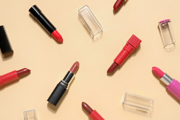 Different lipsticks on yellow background