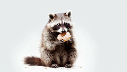 raccoon on white eating a donut. ai generative