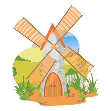 Big stone mill on the background of nature. Rural buildings. Tower. Vector illustration on a white background.