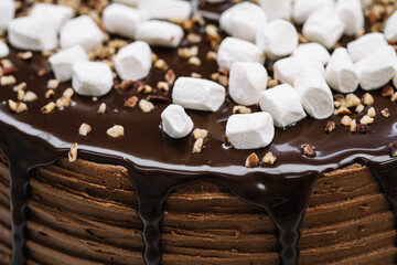 Close-up of the top of a delicious chocolate cake.