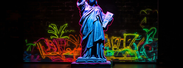 statue, neon, graffiti, liberty, us, usa, freedom, sculpture, justice, law, art, woman, antique, sword, vintage, symbol, bronze, ancient, illustration, skull, vector, tattoo, generative, ai