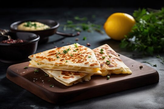 cheese quesadilla on a wooden board, generative ai