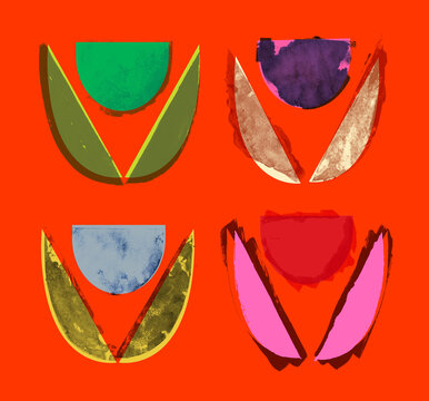 Four Geometric Art Deco Tulip Shapes on Orange Background