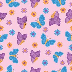 Pattern seamless with cartoon butterflies and flowers. Butterflies on a lilac background.