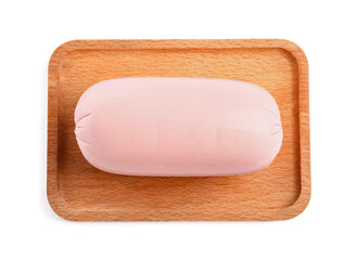 Wooden board with tasty boiled sausage on white background