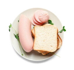 Plate with tasty sliced boiled sausage and bread on white background © Pixel-Shot