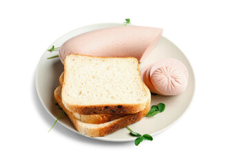 Plate with tasty sliced boiled sausage and bread on white background