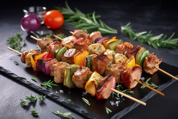 shish kebab on skewers, decorative herbs, generative ai