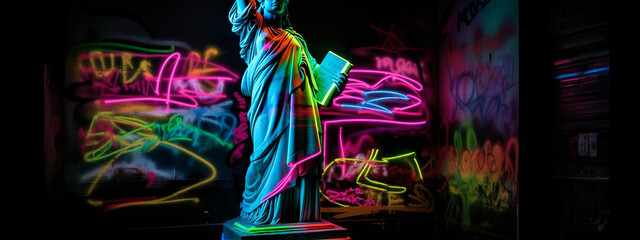 statue, neon, graffiti, liberty, us, usa, freedom, sculpture, justice, law, art, woman, antique, sword, vintage, symbol, bronze, ancient, illustration, skull, vector, tattoo, generative ai