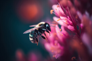 closeup / macro of a honey bee flying close to pink and orange flowers ready to collect or searching for pollen, shallow depth of field, colorful nature, wildlife or eco themed image, generative AI - 603155828
