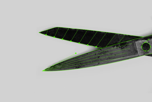 Vivid  Green Technical Lines on Vintage Scissors, Cutting Edge Idea.