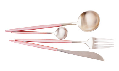 Stainless steel set of cutlery with pink handles on white background