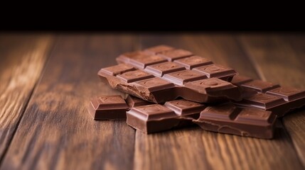 Small Pieces of Milk Chocolate Bar on Wooden Background