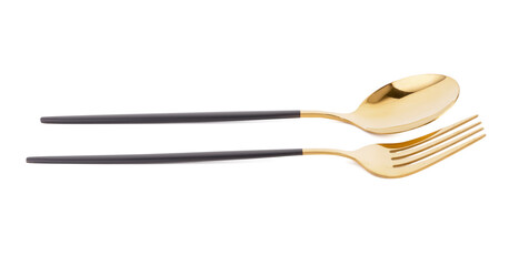 Golden spoon and fork with black handles on white background