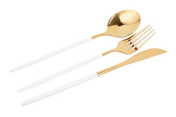 Golden cutlery on white background