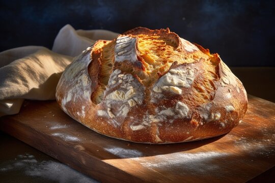 loaf of bread on wooden board, generative ai